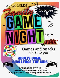 Family Game Night – October 18 – Click for more info!